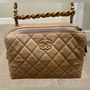 NWT CHANEL Calfskin Quilted Small Bowling Bag in Beige Crossbody Shoulder